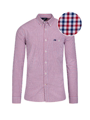 A long sleeve red and blue checkered poplin cotton shirt with a buttoned collar and button cuffs, displayed on a white background.