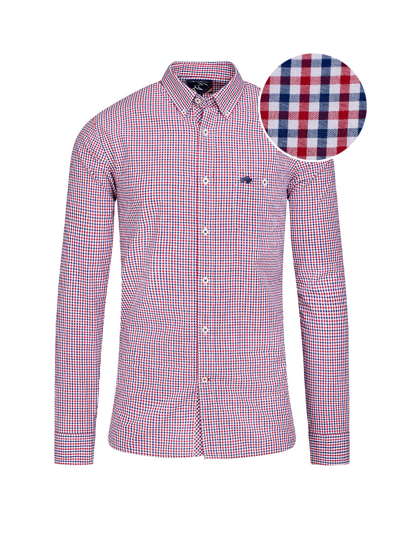 A long sleeve red and blue checkered poplin cotton shirt with a buttoned collar and button cuffs, displayed on a white background.