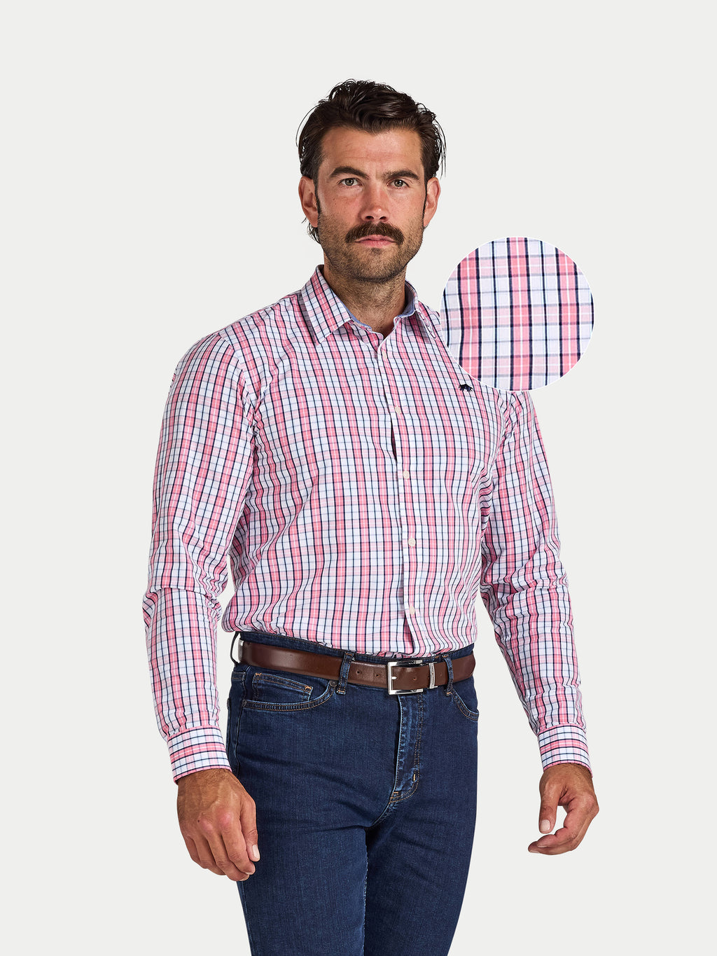 Man wearing Raging Bull Large Check Cotton Poplin Long Sleeve Shirt in Pink, available in sizes S-6XL, front detail. 