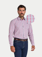 Man wearing Raging Bull Large Check Cotton Poplin Long Sleeve Shirt in Pink, available in sizes S-6XL, front detail. 