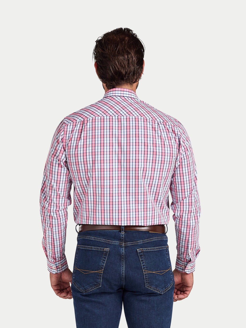 Man wearing Raging Bull Large Check Cotton Poplin Long Sleeve Shirt in Pink, available in sizes S-6XL.