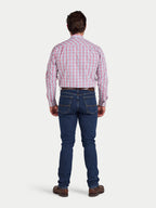 Man wearing Raging Bull Large Check Cotton Poplin Long Sleeve Shirt in Pink, available in sizes S-6XL