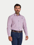 Man wearing Raging Bull Large Check Cotton Poplin Long Sleeve Shirt in Pink and regular Fit Jeans in Denim, available in sizes S-6XL.