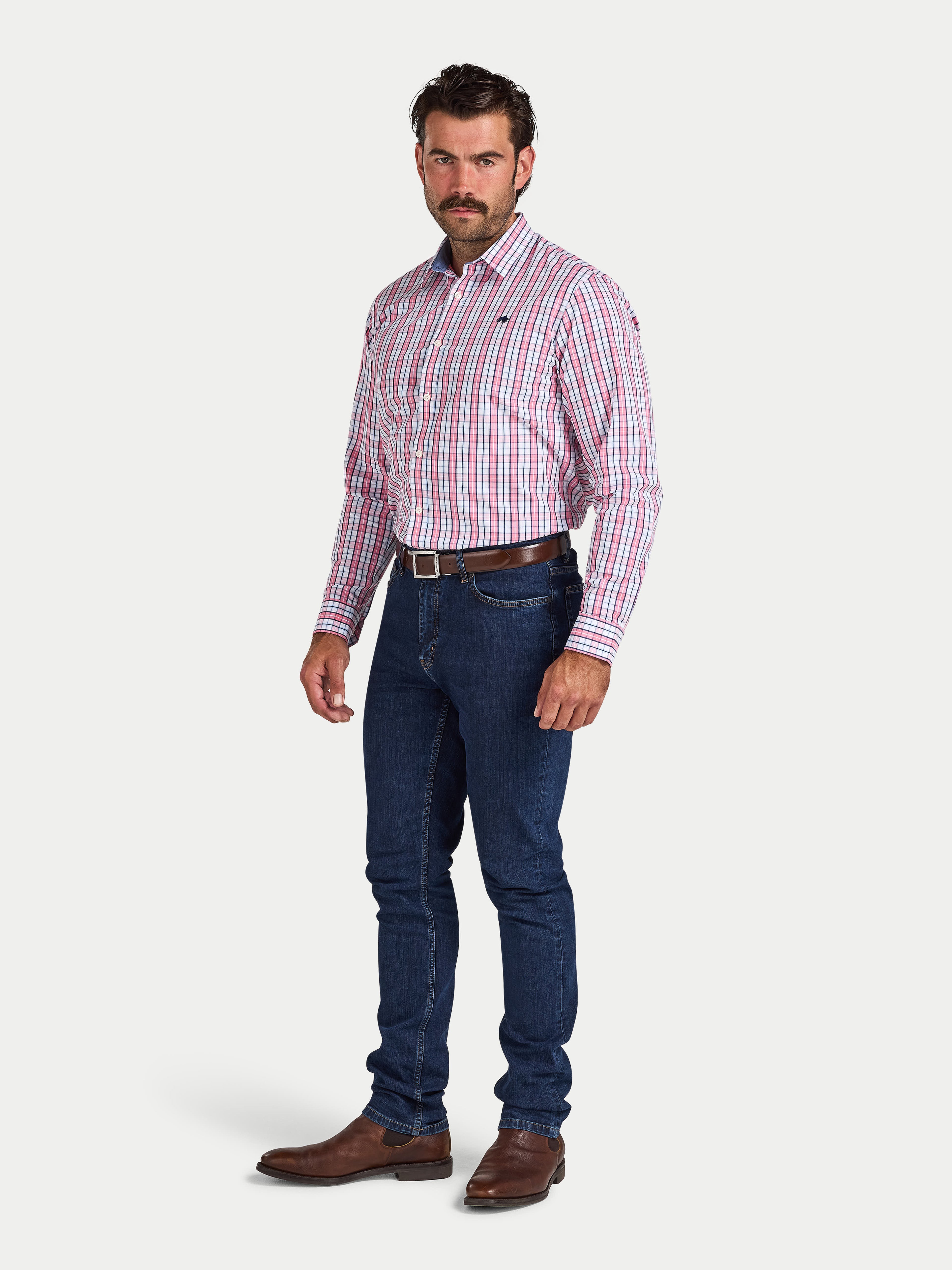 Man wearing Raging Bull Large Check Cotton Poplin Long Sleeve Shirt in Pink and regular Fit Jeans in Denim, available in sizes S-6XL.