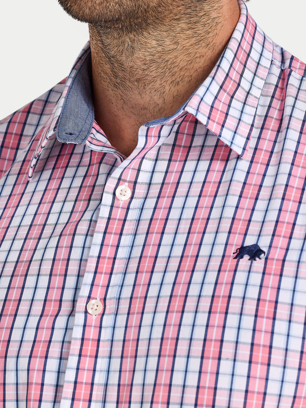 Close-up of a man wearing Raging Bull Large Check Cotton Poplin Long Sleeve Shirt in Pink, available in sizes S-6XL.