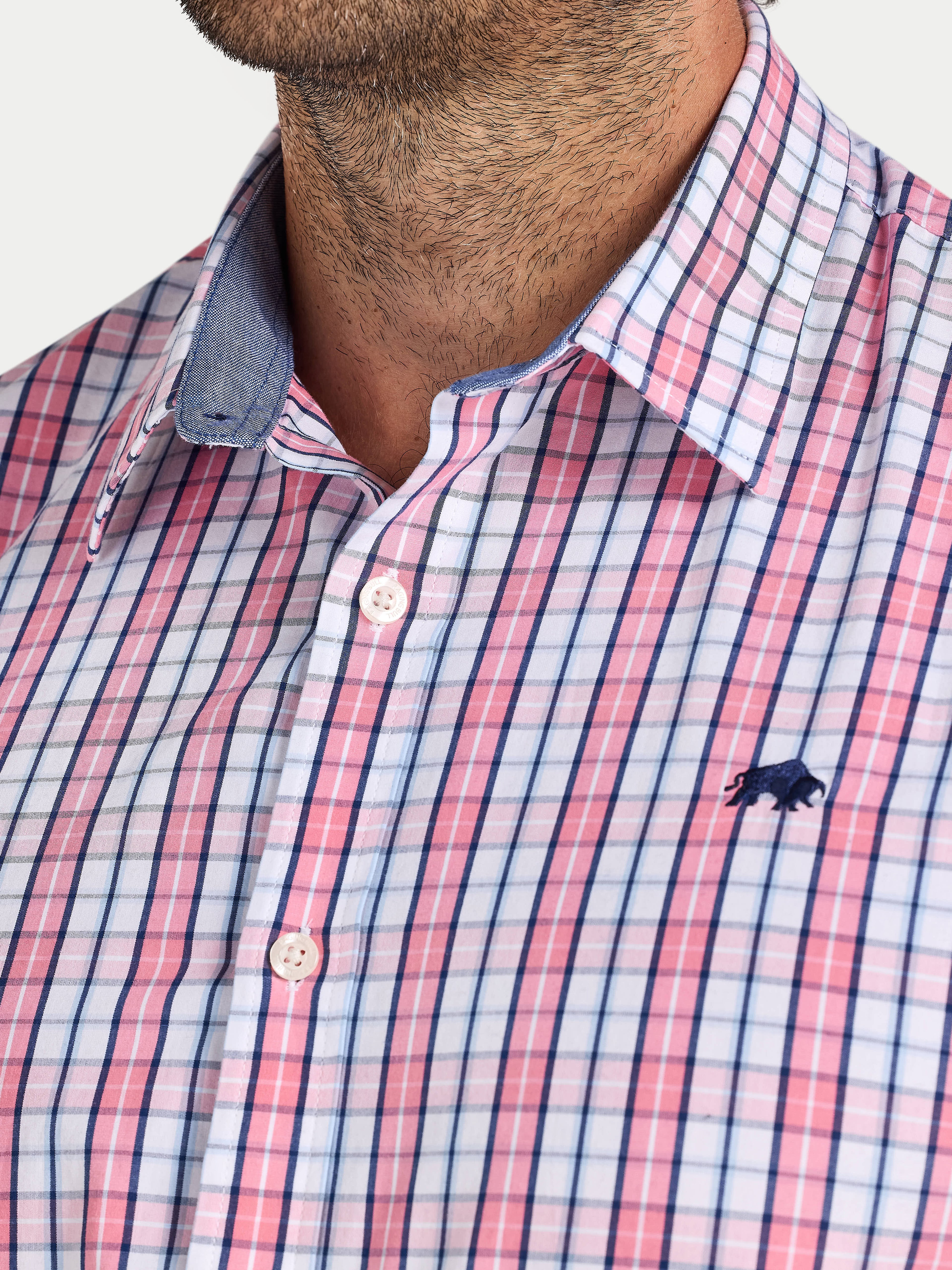 Close-up of a man wearing Raging Bull Large Check Cotton Poplin Long Sleeve Shirt in Pink, available in sizes S-6XL.
