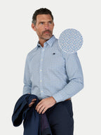 Man wearing Raging Bull long sleeve Pentagon pattern cotton poplin shirt in white, front detail.  