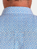 Close-up of a blue and white patterned shirt