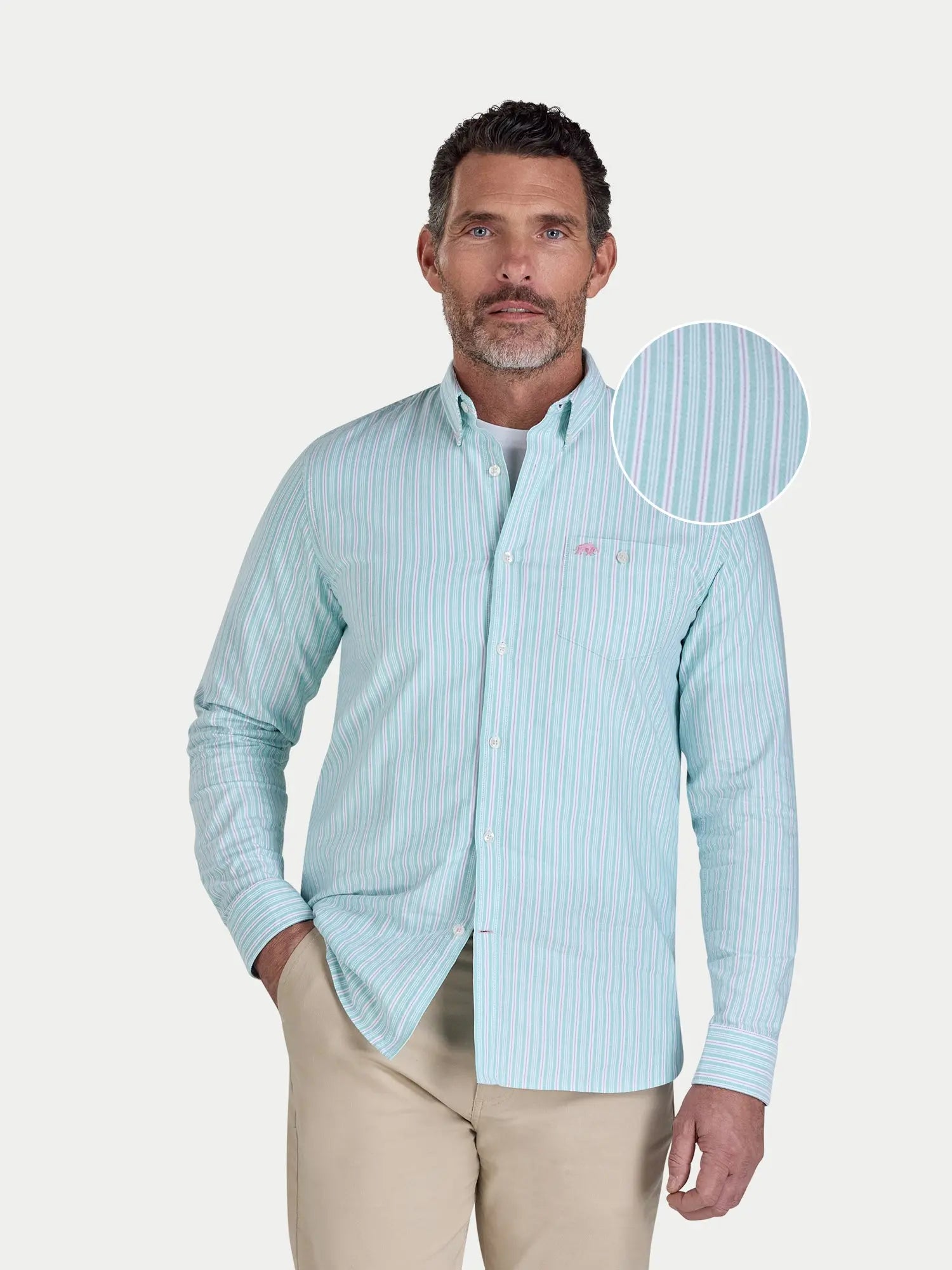 Men's Long Sleeve Stripe Oxford Shirt in Green | Raging Bull Clothing