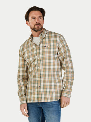 Man wearing a plaid shirt and jeans on a white background