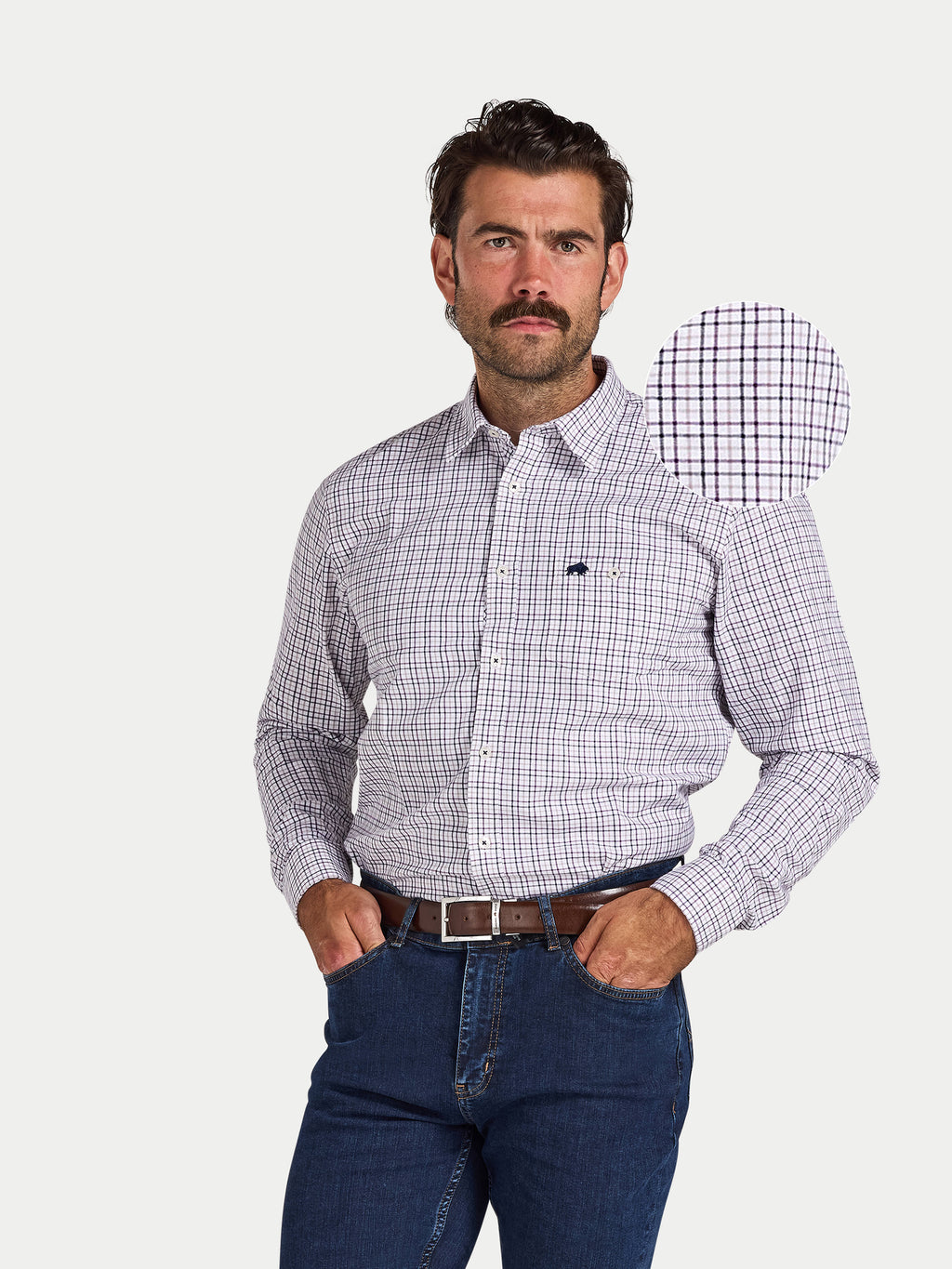 Man wearing Raging Bull Tattersall Brushed Cotton Long Sleeve Shirt in White and Purple, available in sizes S-6XL, front detail.