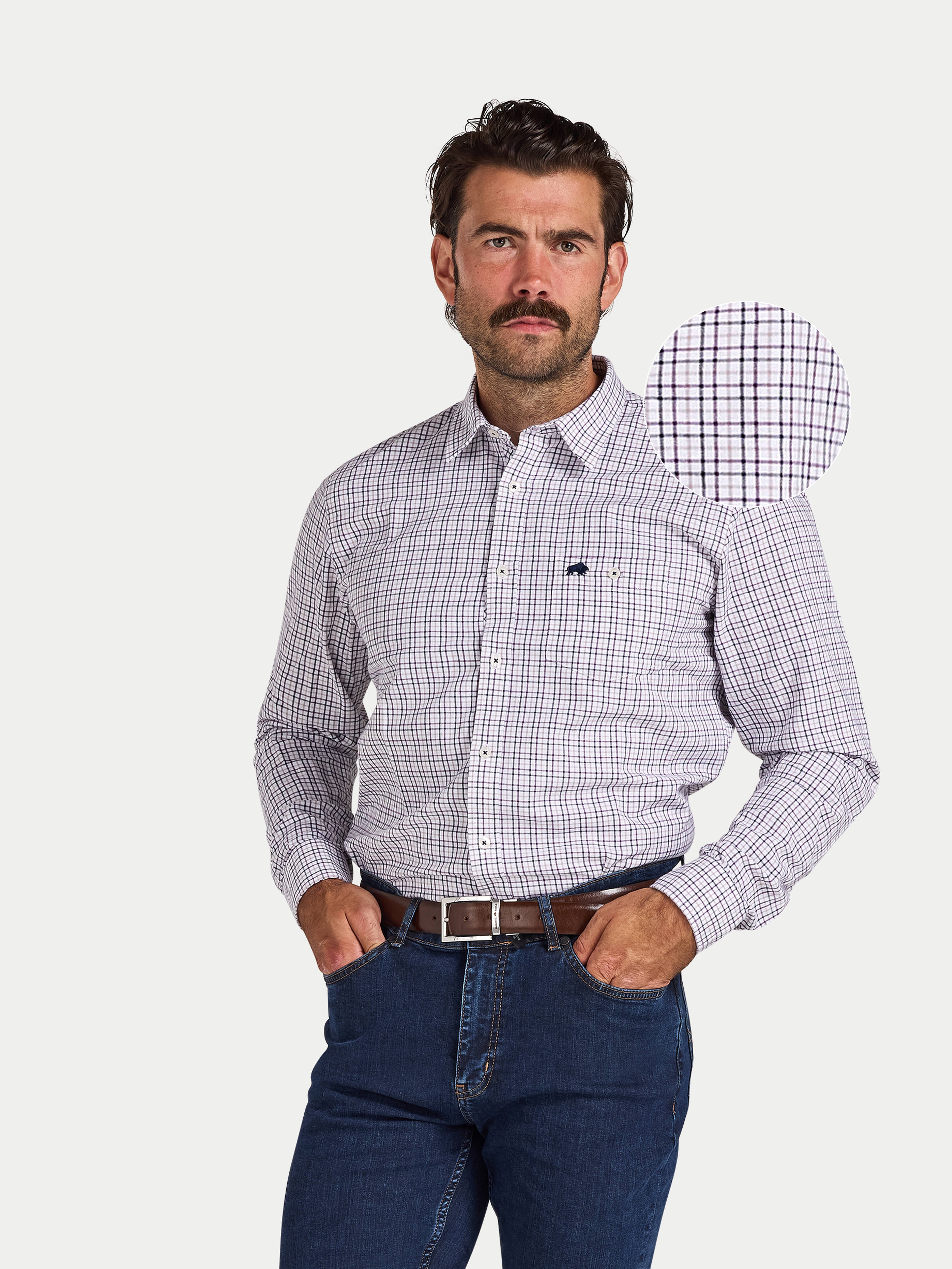 Man wearing Raging Bull Tattersall Brushed Cotton Long Sleeve Shirt in White and Purple, available in sizes S-6XL, front detail.