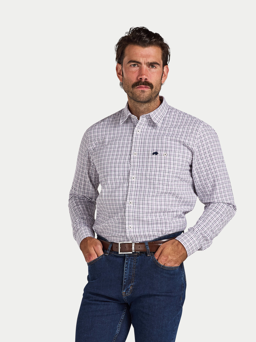 Man wearing Raging Bull Tattersall Brushed Cotton Long Sleeve Shirt in White and Purple and Regular Fit Jeans in Denim, available in sizes S-6XL.