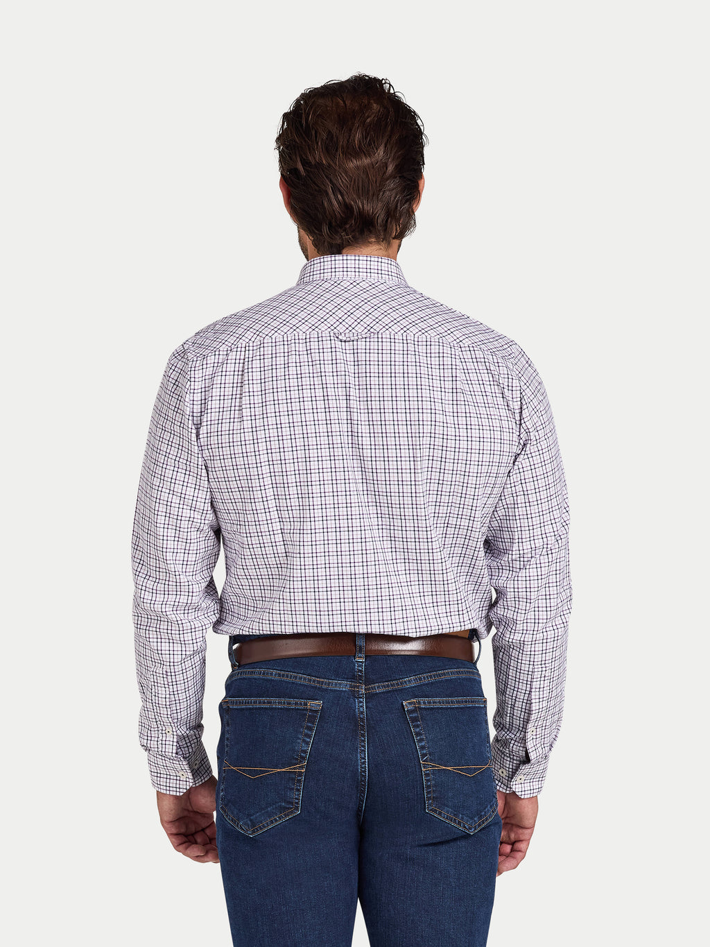 Man wearing Raging Bull Tattersall Brushed Cotton Long Sleeve Shirt in White and Purple, back view, available in sizes S-6XL.