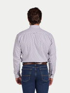 Man wearing Raging Bull Tattersall Brushed Cotton Long Sleeve Shirt in White and Purple, back view, available in sizes S-6XL.