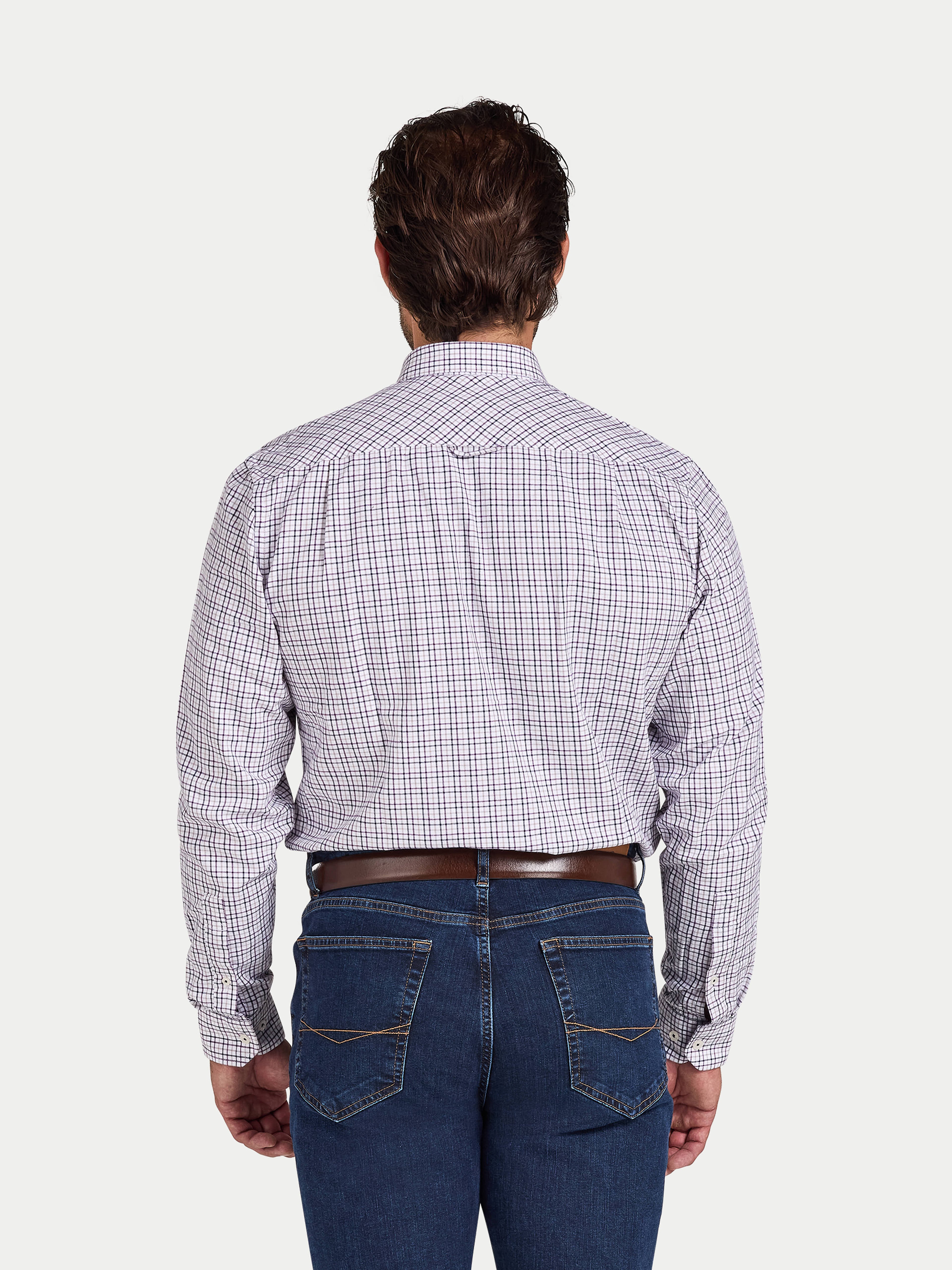 Man wearing Raging Bull Tattersall Brushed Cotton Long Sleeve Shirt in White and Purple, back view, available in sizes S-6XL.