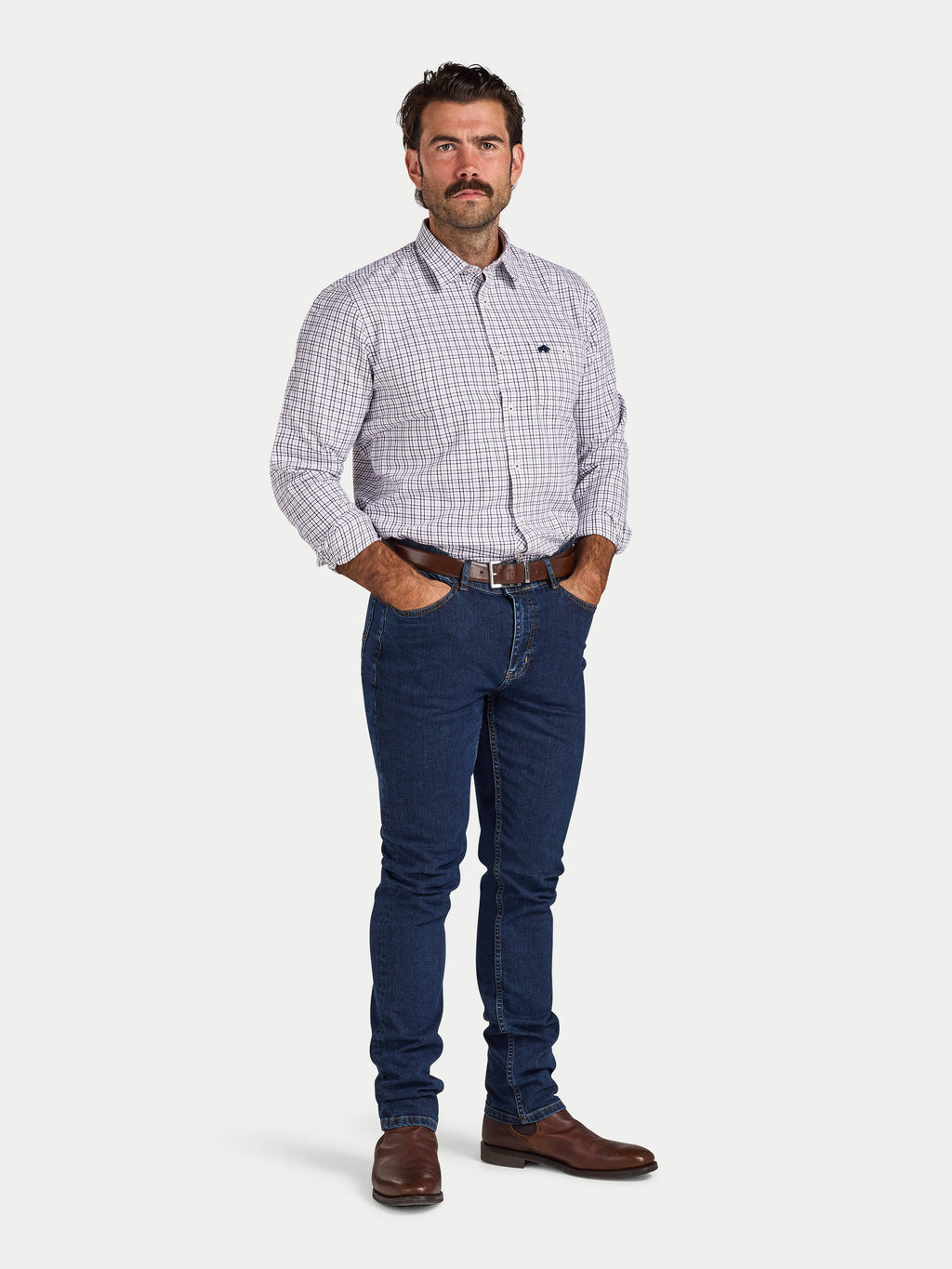 Man wearing Raging Bull Tattersall Brushed Cotton Long Sleeve Shirt in White and Purple and Regular Fit Jeans in Denim, available in sizes S-6XL.