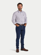 Man wearing Raging Bull Tattersall Brushed Cotton Long Sleeve Shirt in White and Purple and Regular Fit Jeans in Denim, available in sizes S-6XL.