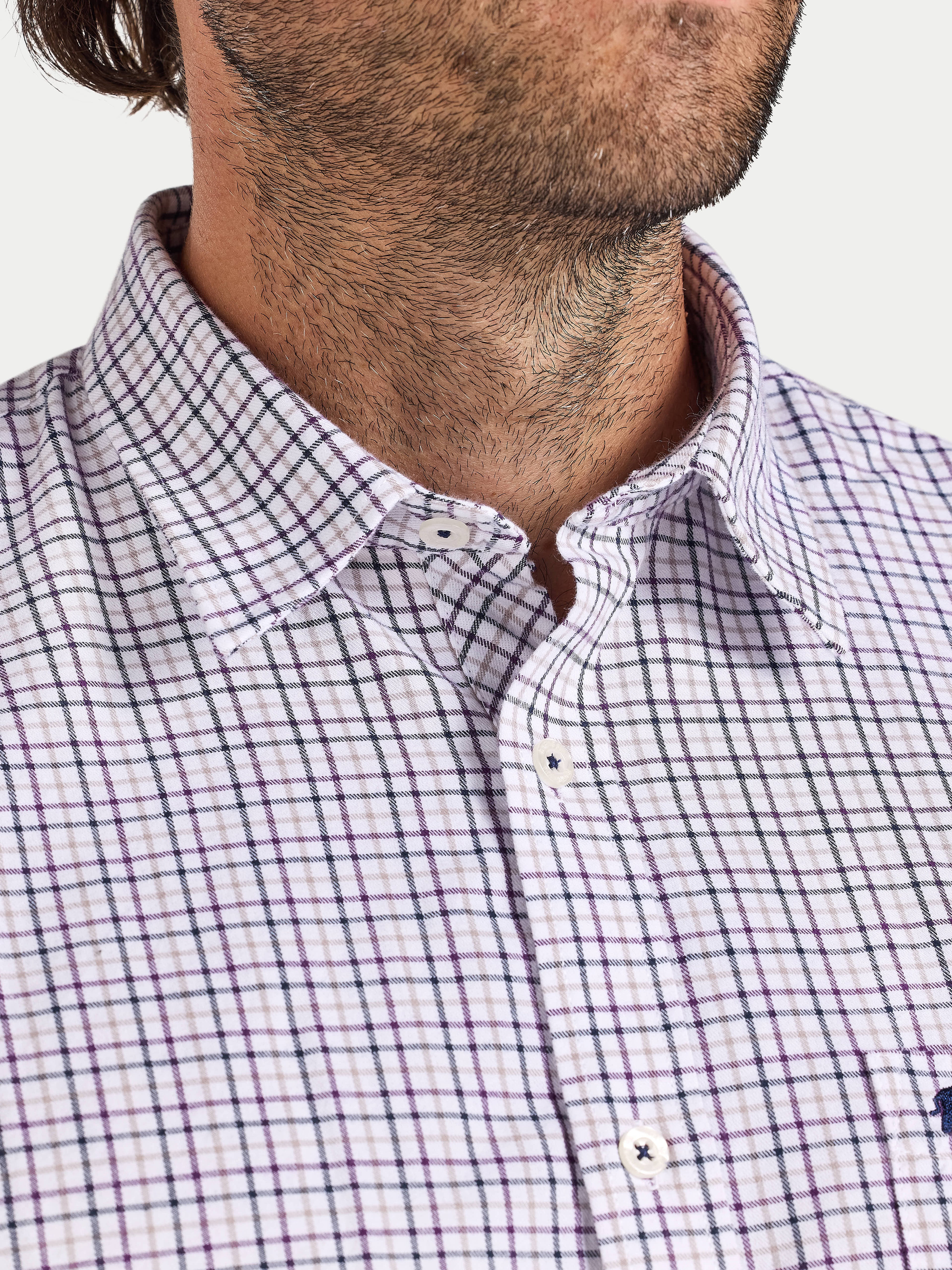 Raging Bull Tattersall Brushed Cotton Long Sleeve Shirt in White and Purple, chest and collar detail, available in sizes S-6XL.