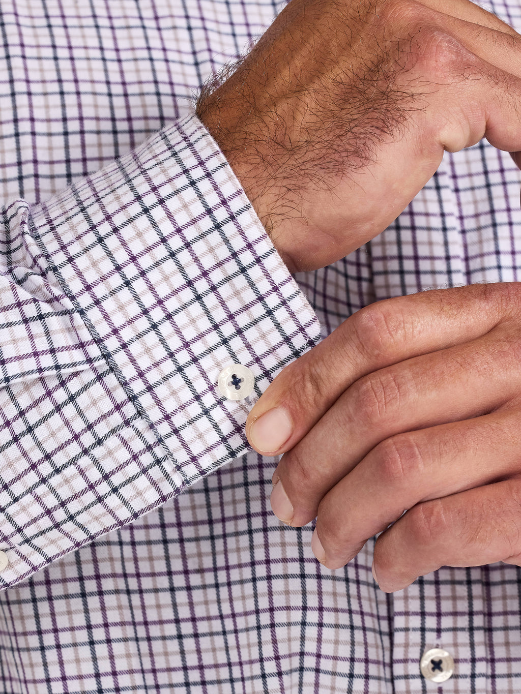 Raging Bull Tattersall Brushed Cotton Long Sleeve Shirt in White and Purple, cuff detail, available in sizes S-6XL.