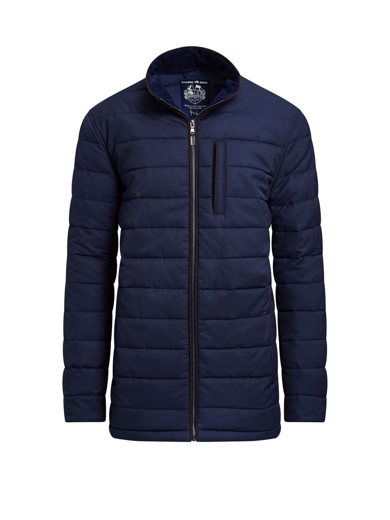 A navy midweight quilted jacket with a zip-up front, a chest pocket, and side pockets.