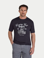 Man wearing a black t-shirt with 'Raging Bull Motorcycle Club' graphic on a white background