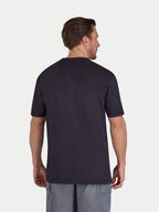 Man wearing a black t-shirt on a white background