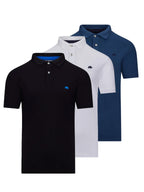 A set of three classic organic polo shirts in black, white, and blue colors, all featuring a polo collar and short sleeves.