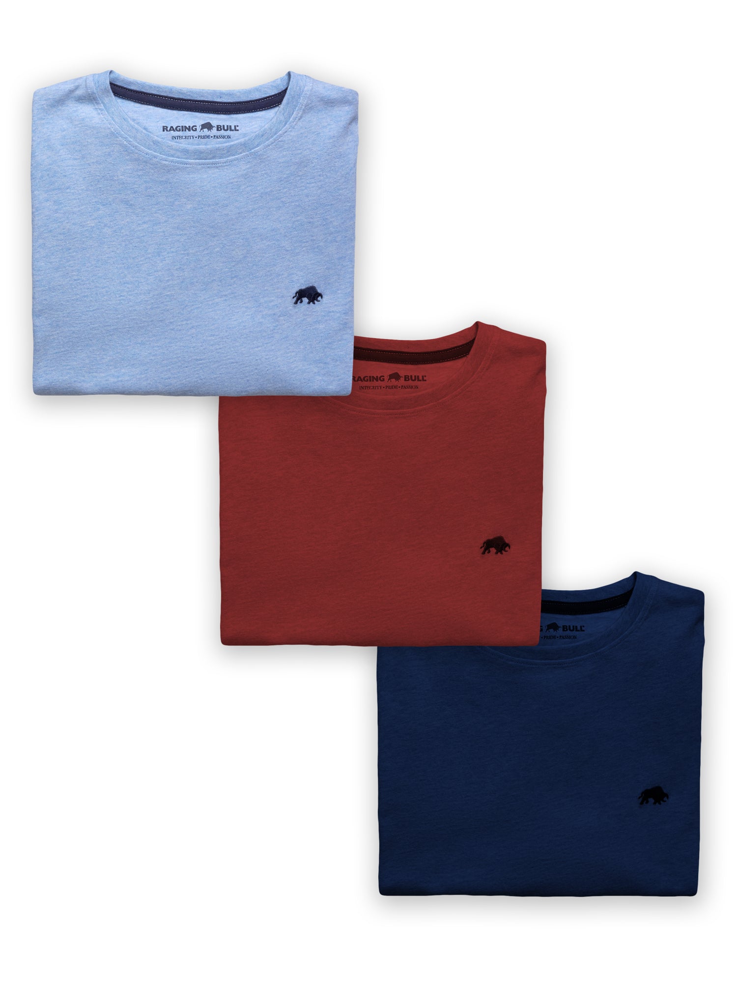 A set of three folded organic t-shirts in navy, sky blue, and claret colors, all featuring a small embroidered logo on the chest.