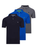 Three polo shirts in a pack, laid out flat, in navy, cobalt, and grey colors with the collar and logo visible.