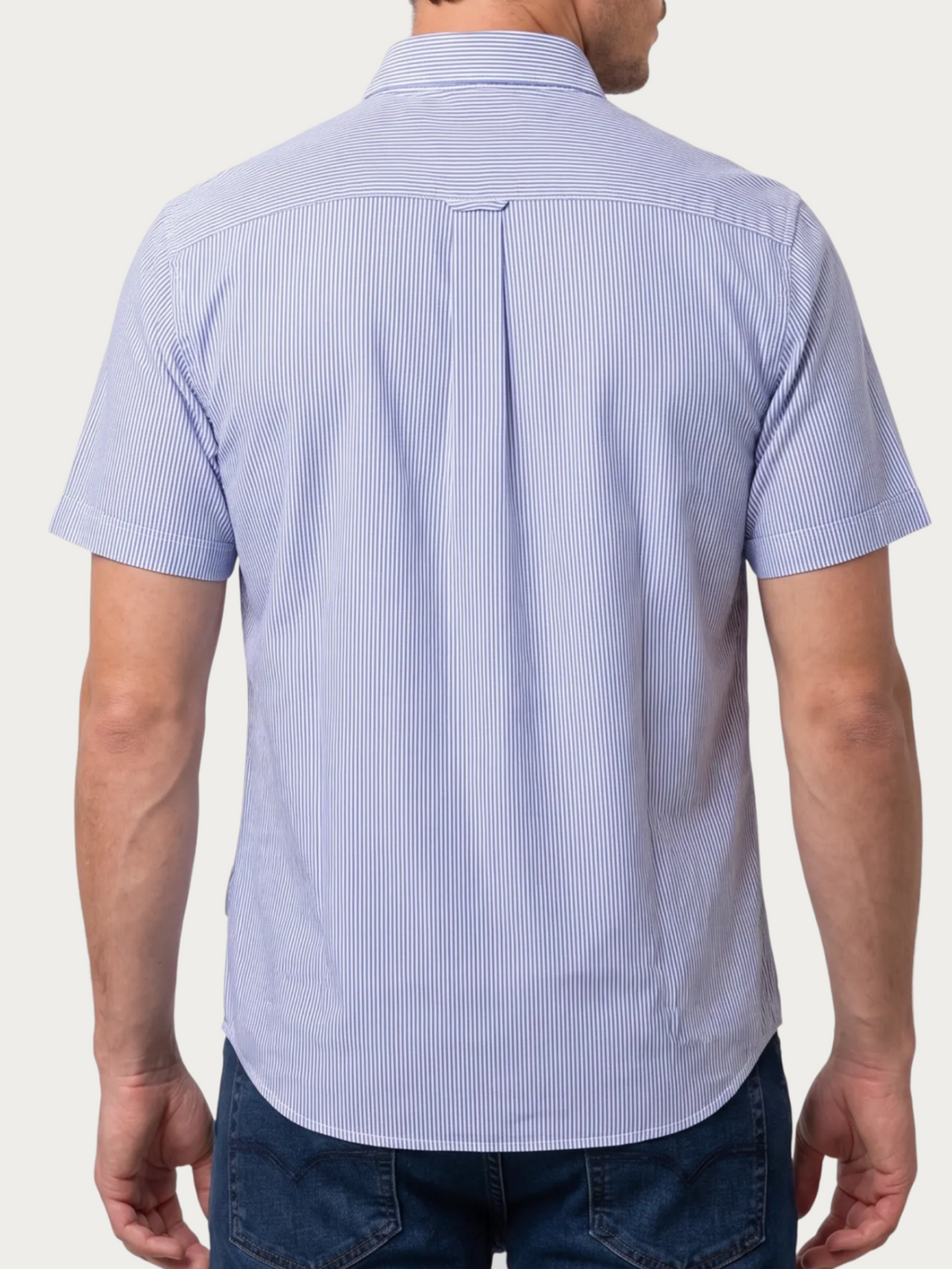 Man wearing Raging Bull Orleans Seersucker Stripe Short Sleeve Shirt in Navy, back detail, available in sizes S-6XL, back detail. 