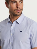 Close-up of a man wearing Raging Bull Orleans Seersucker Stripe Short Sleeve Shirt in Navy, available in sizes S-6XL, front.