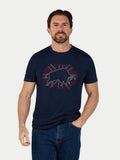 Man wearing a navy t-shirt with a graphic design on a white background