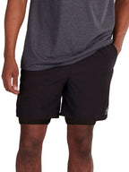 A pair of black 2 in 1 performance shorts with an inner compression layer, featuring a drawstring waist and the Raging Bull Sport branding.