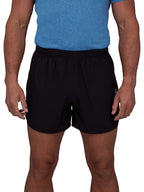 A pair of black performance running shorts with a drawstring waist, mid-thigh length, with the Raging Bull logo visible on the back pocket.