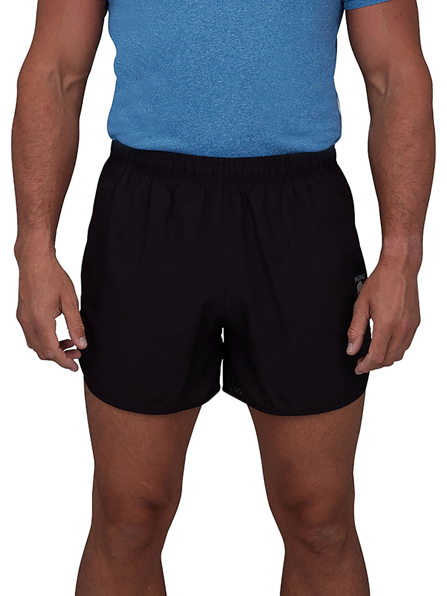 A pair of black performance running shorts with a drawstring waist, mid-thigh length, with the Raging Bull logo visible on the back pocket.