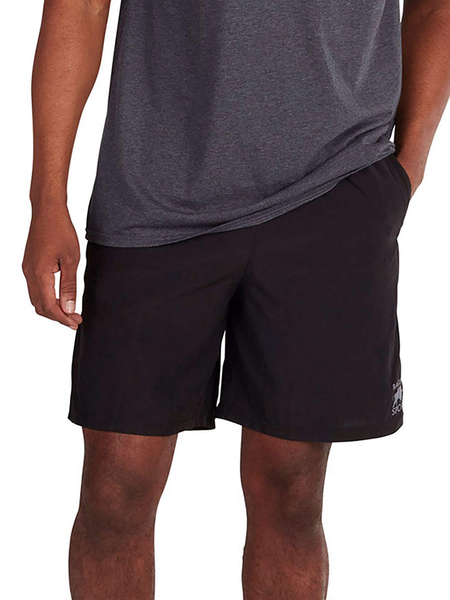 A pair of black performance shorts with a drawstring waist, featuring the Raging Bull Sport branding and logo.
