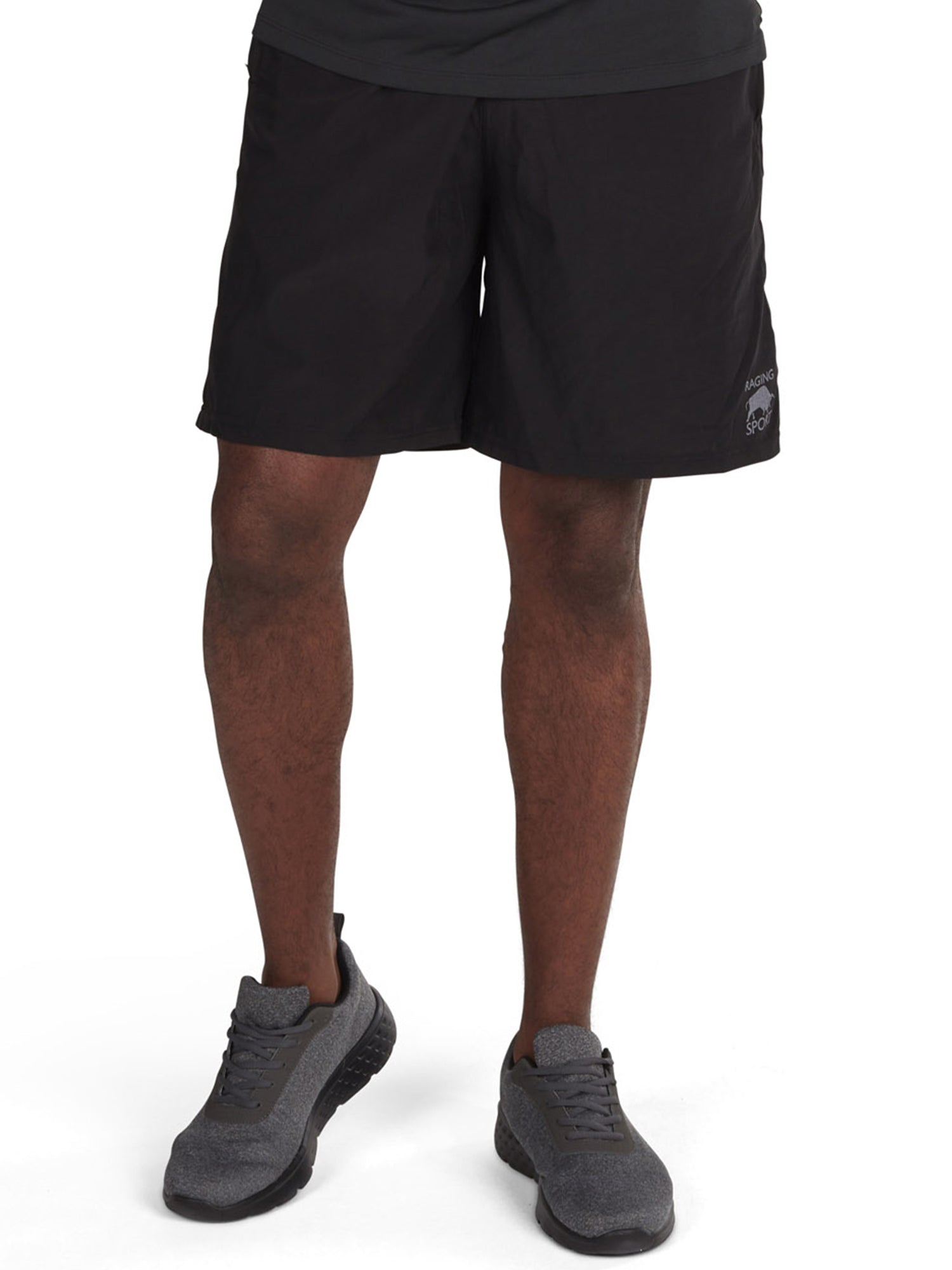 A pair of black performance shorts with a drawstring waist, featuring the Raging Bull Sport branding and logo.
