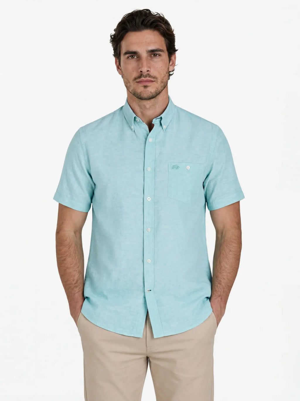 Man wearing Raging Bull Classic Linen Short Sleeve Shirt in Apple Green, available in sizes S-6XL, front detail. 