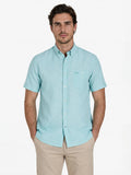 Man wearing Raging Bull Classic Linen Short Sleeve Shirt in Apple Green, available in sizes S-6XL, front detail. 