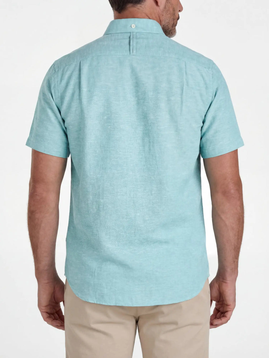 Man wearing Raging Bull Classic Linen Short Sleeve Shirt in Apple Green, beck detail,available in sizes S-6XL, back.