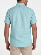 Man wearing Raging Bull Classic Linen Short Sleeve Shirt in Apple Green, beck detail,available in sizes S-6XL, back.