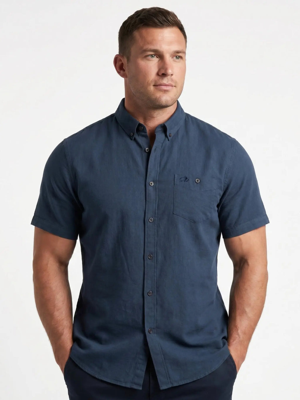 Man wearing Raging Bull Classic Linen Shirt - Short Sleeve in navy, available in sizes S-6XL.
