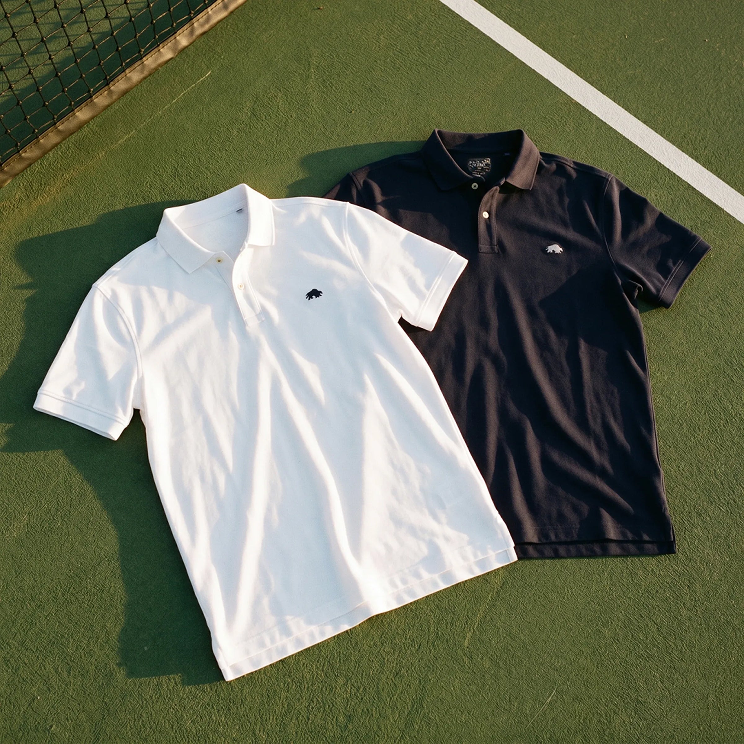 White and black Raging Bull Classic Organic Polo's on a green background.