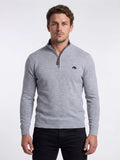 Man wearing Raging Bull Classic ribbed quarter zip knit in grey, front.