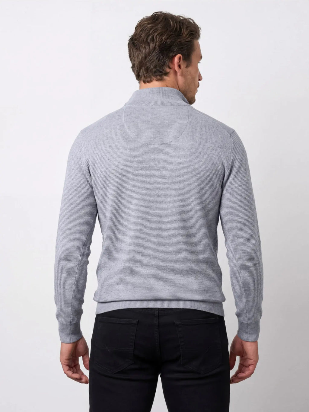 Man wearing Raging Bull Classic ribbed quarter zip knit in grey, back. 