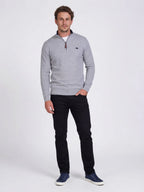 Man wearing Raging Bull Classic ribbed quarter zip knit in grey and Regular Fit Jeans in black, front. 
