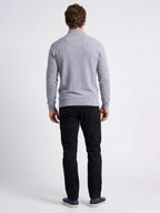 Man wearing Raging Bull Classic ribbed quarter zip knit in grey and Regular Fit Jeans in Black, back.