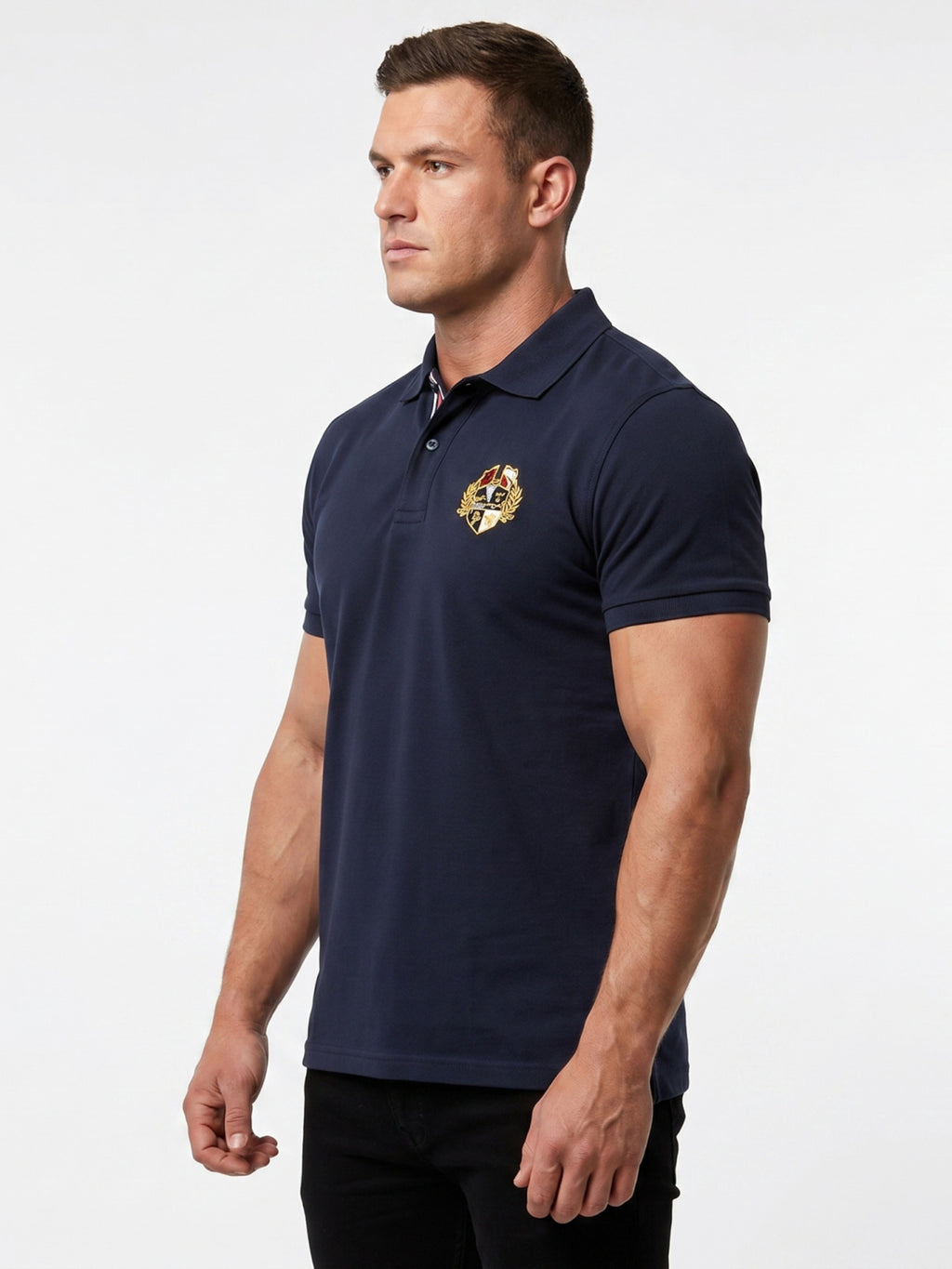 Man wearing a Raging Bull Classic Rugby Short sleeve shirt in navy, side.