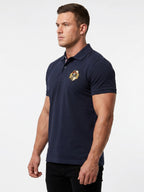 Man wearing a Raging Bull Classic Rugby Short sleeve shirt in navy, side.